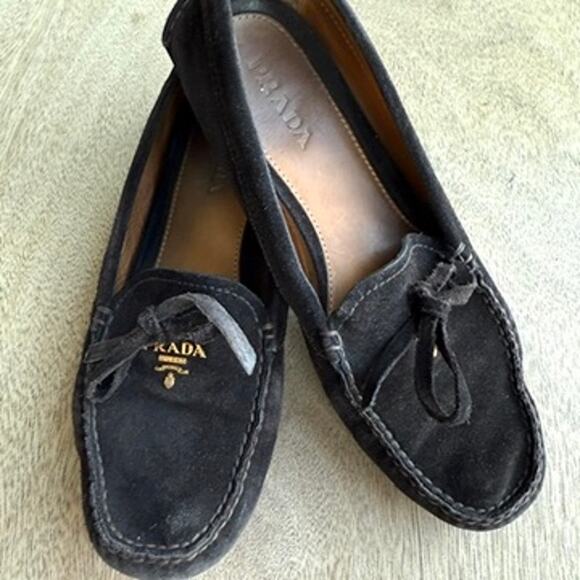 PRADA Suede Driving Loafers Brown Bow Logo Driving Shoes Made in Italy 37.5 - Picture 1 of 10